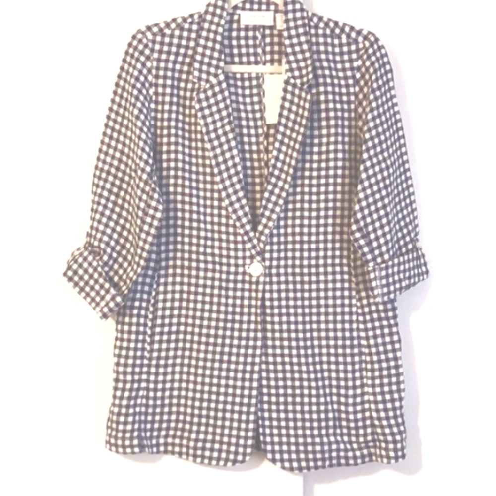 Cynthia Rowley "100% Linen" Navy & White Gingham One Button Blazer Size S (NWT)